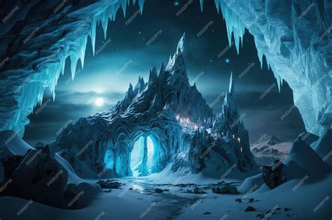 Premium AI Image | A frozen cave with a blue ice cave and a glowing ice cave.