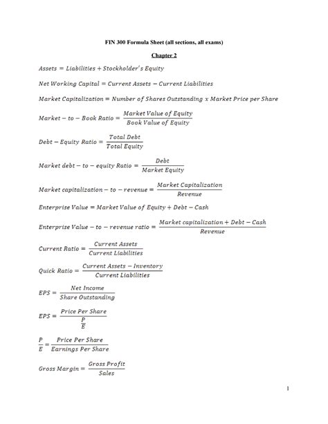 FIN 300 Formula Sheet FIN 300 FIN 300 Formula Sheet All Sections