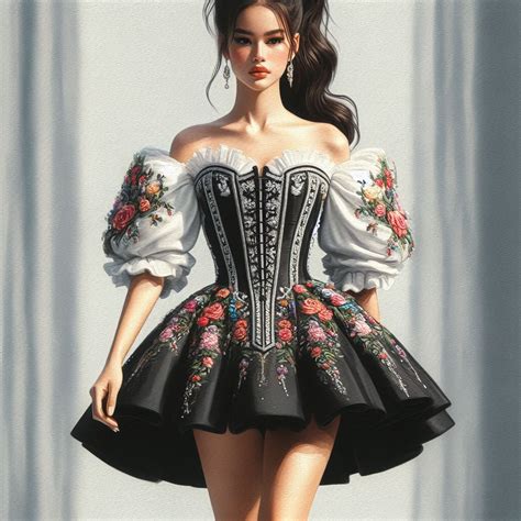 Corset Peplum Dress Luxurious Made Silk Embroidered With Flowers Creating An Attractive And