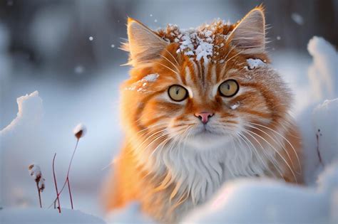 Gato Esponjoso En La Nieve Foto Premium