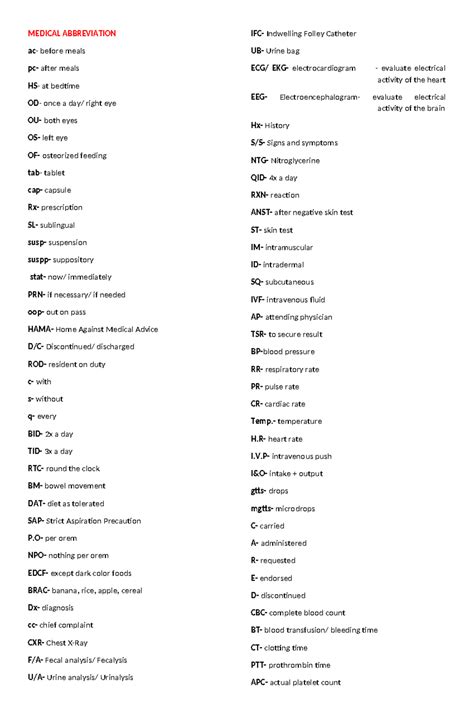 Medical Abbreviation - ffefe - MEDICAL ABBREVIATION ac- before meals pc