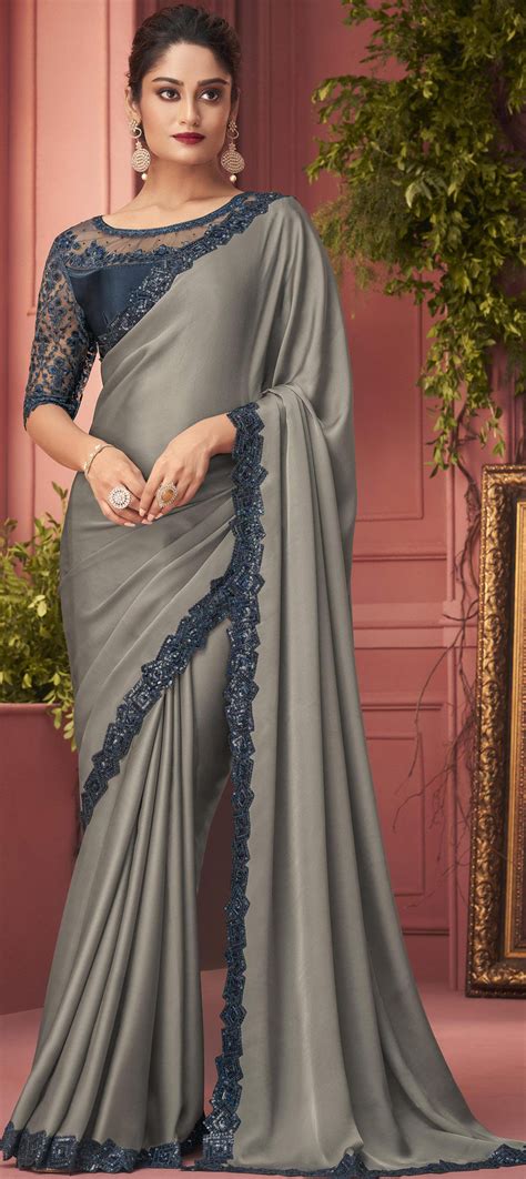 Designer Party Wear Reception Black And Grey Color Georgette Satin Silk Fabric Saree 1831552