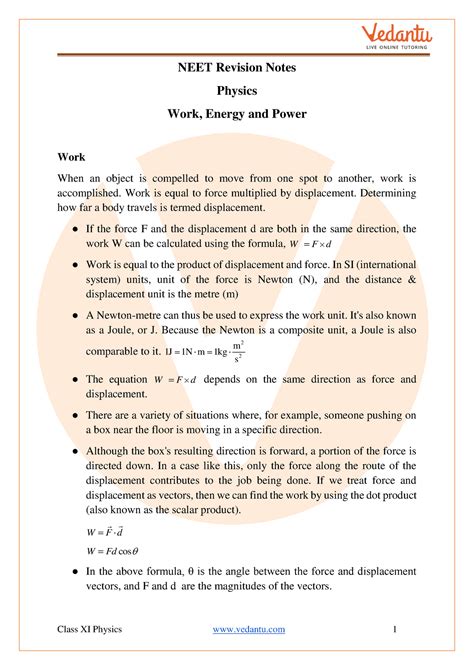 Work Energy And Power Class Notes Neet Physics Pdf Neet