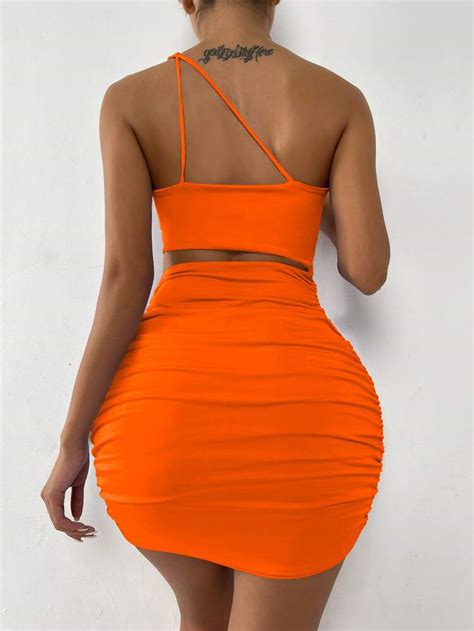 SHEIN SXY Neon Orange One Shoulder Cut Out Ruched Bodycon Dress SHEIN UK