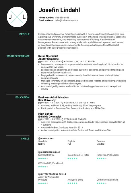 Retail Specialist Resume Example Kickresume