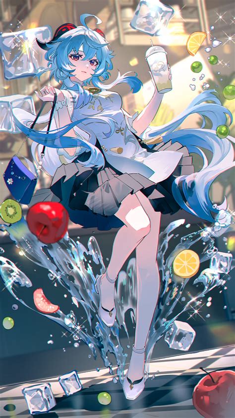 Safebooru 1girl Absurdres Ahoge Apple Bag Black Skirt Blue Hair Breasts Chromatic Aberration