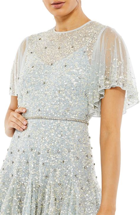 Mac Duggal Sequin And Crystal Embellished Ruffle Sleeve Midi Cocktail