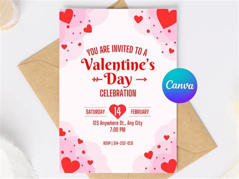 Editable Valentines Day Party Invitation Pink Red Hearts Invite