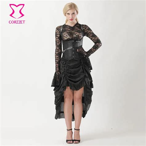 Black Brocade Sexy Cupless Gothic Corset Skirt Outfits Burlesque Dress Victorian Steampunk