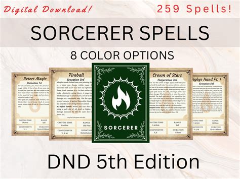 Sorcerer Dnd Spell Cards Dnd Spellbook Dnd Spellbook Cards Dnd Player Accessory Instant Download ...