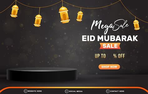 Mega venda eid mubarak banner de modelo de desconto pódio 3d de