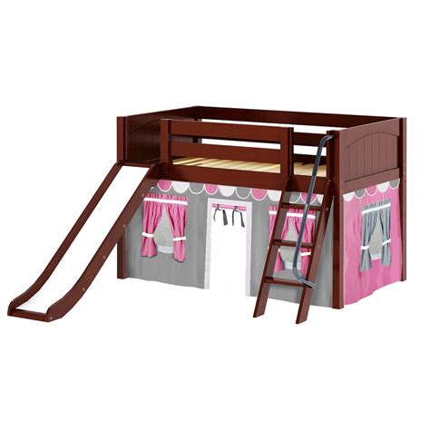 Twin Low Loft Bed with Angled Ladder, Slide and Underbed Curtain | Low ...