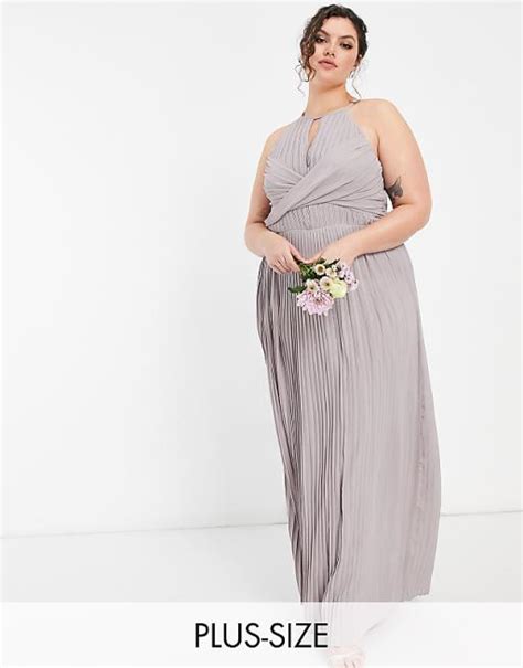 Tfnc Plus Bridesmaid Pleated Wrap Detail Maxi Dress In Grey Asos