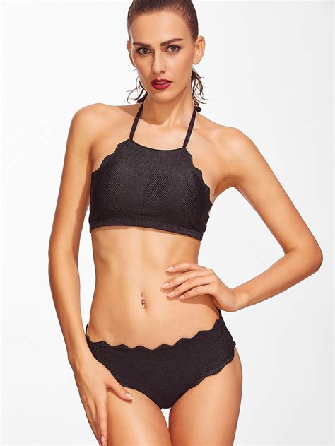 Sets De Bikini Ribete Festoneado Halter Negro Spanish Shein Sheinside