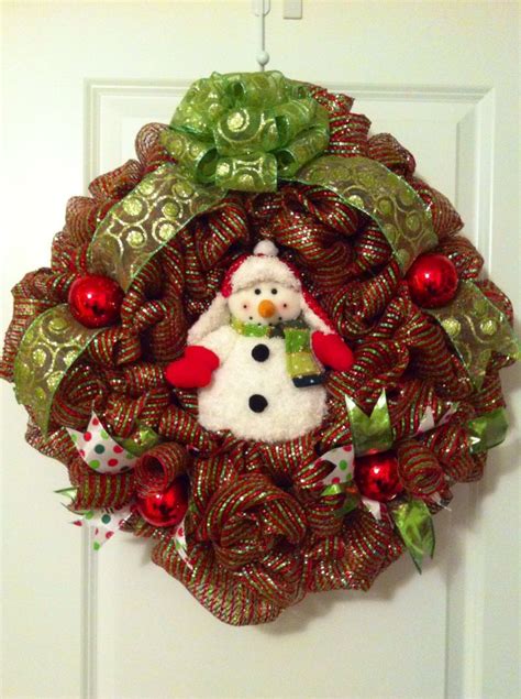 Christmas Snowman Wreath Red And Green Shiny Deco Mesh On A 14 Inch