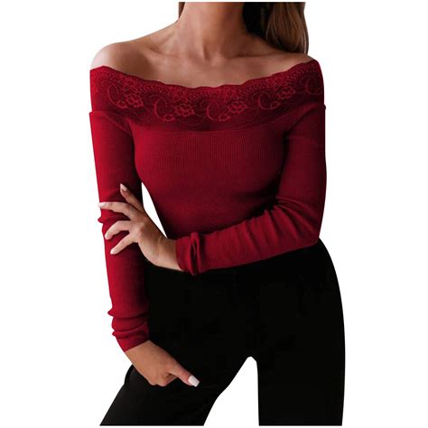 XFLWAM Sweaters For Women Rib Knit Sexy Lace Trim Off The Shoulder