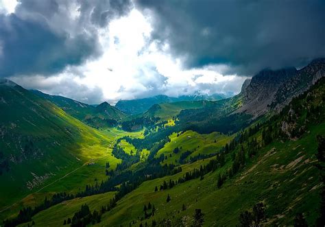 Switzerland Landscape Scenic Mountains Valley Ravine Sky Clouds