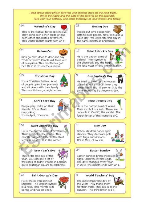 Holidays and special days in th UK - ESL worksheet by KimJ