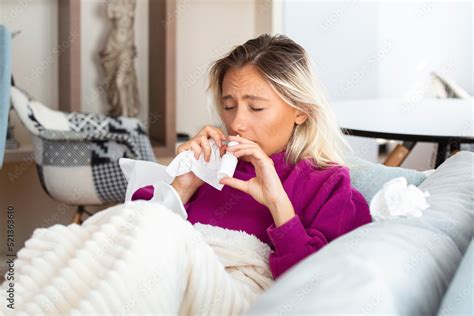 Woman Is Having Flu And She Is Using Nasal Spray To Help Herself Woman