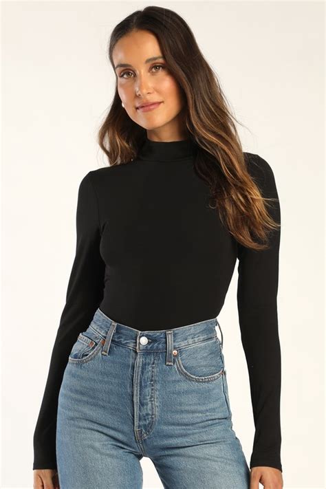 Chic Black Top Mock Neck Top Long Sleeve Crop Top Lulus