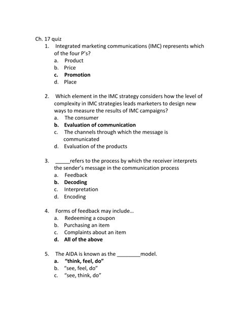 Ch 17 Quiz 1 Integrated Marketing Communications IMC