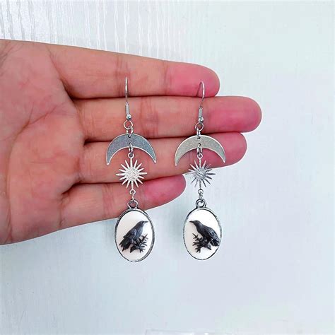 Oval DIY Three Dimensional Crow Raven Dangle Earrings Women Gothic