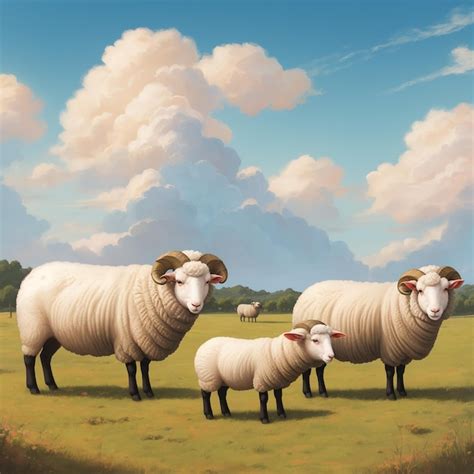 Premium AI Image | a painting of sheep in a field with a sky background