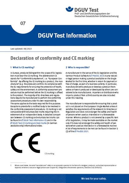 Dguv Test Information Declaration Of Conformity And Ce Marking