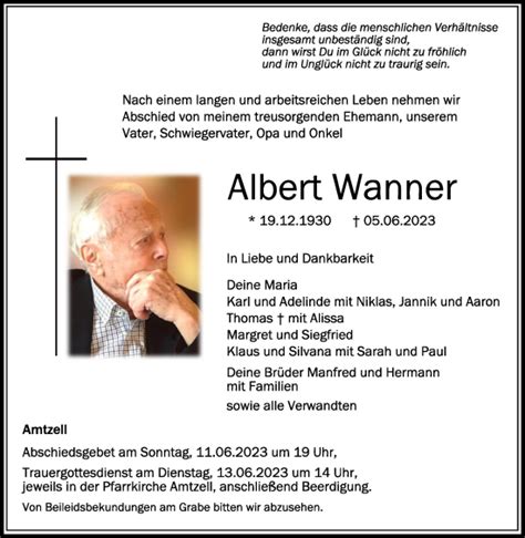 Traueranzeigen Von Albert Wanner Schwaebische De Trauerportal