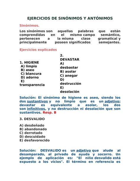 Ejercicios de Sinónimos y Antónimos PDF Razonamiento Verbal