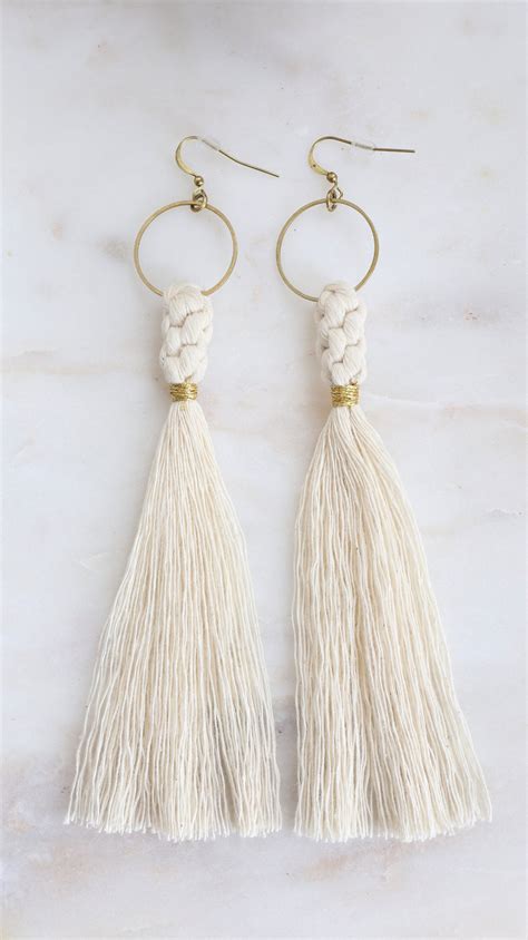 Macrame Tassel Statement Earrings Gold Hoop White Fringe Etsy Diy