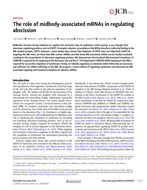 The Role Of Midbody Associated Mrnas In Regulating Abscission