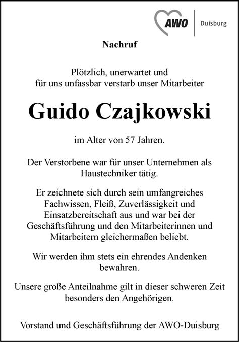 Traueranzeigen Von Guido Czajkowski Trauer In Nrw De