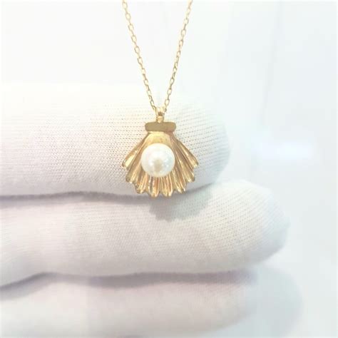 K Real Solid Gold Seashell Pearl Pendant Necklace For Women