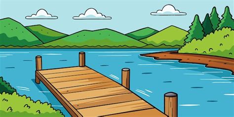 Premium Vector A Cartoon Illustration Of A Wooden Dock With A Lake