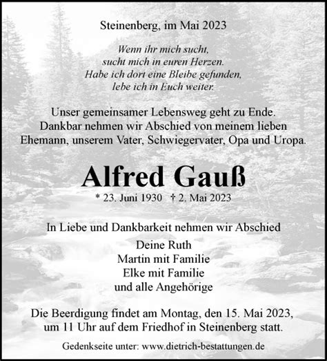 Traueranzeigen Von Alfred Gauss ZVW Trauer