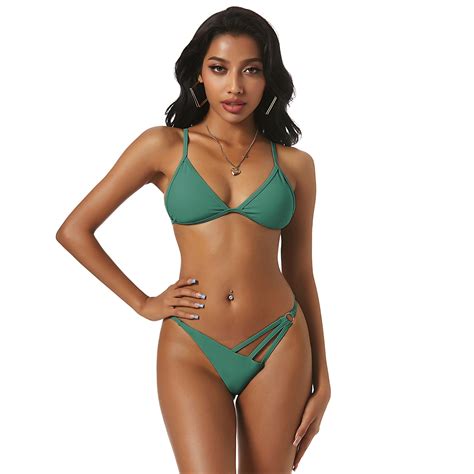 ZAFUL Women Swimsiut Strappy O Ring Triangular Bikini Swimwear Green S