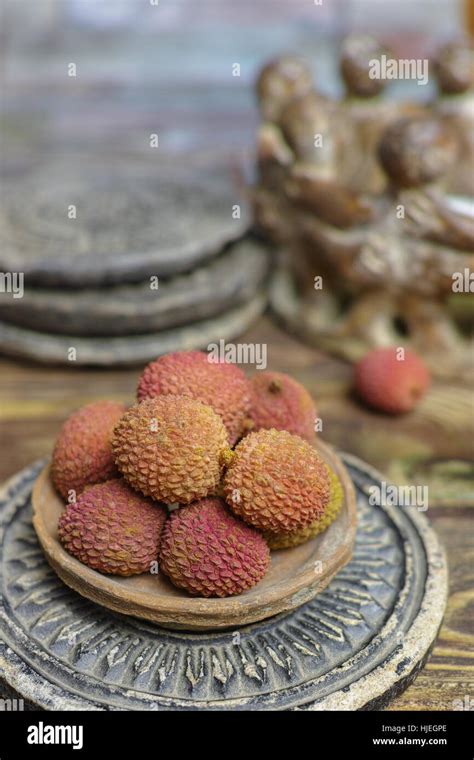 Tropical Fruit Lychees On Wooden Background Stock Photo Alamy