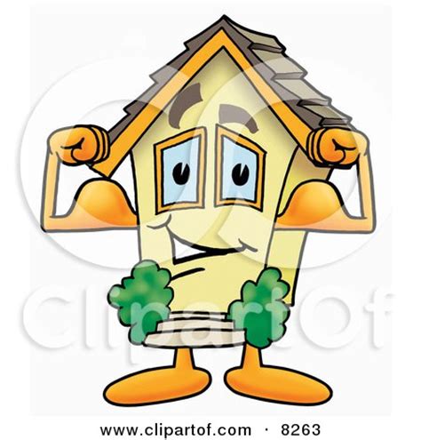 Clipart Picture Of A House Mascot Cartoon Character Flexing His Arm