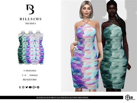 The Sims Resource Watercolour Print Halterneck Ruched Midi Dress In