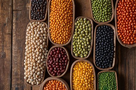 Colorful Assortment Of Lentils And Legumes Arranged In Rows On A Wooden