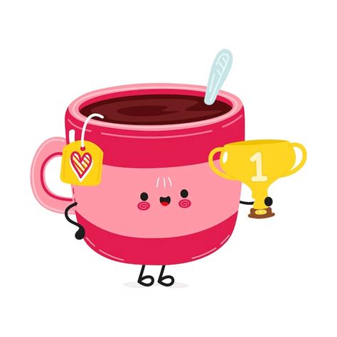 Premium Vector Cute Funny Pink Cup Of Tea Hold Gold Trophy Cup