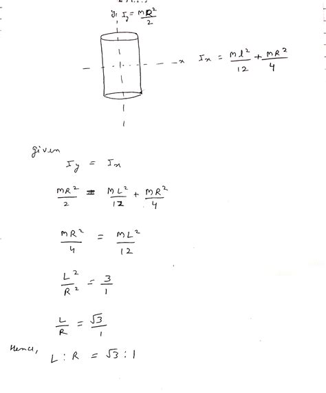 The moment of inertia of a cylinder about its own axis is equal to its moment of inertia about ...