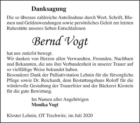 Traueranzeigen Von Bernd Vogt M Rkische Onlinezeitung Trauerportal