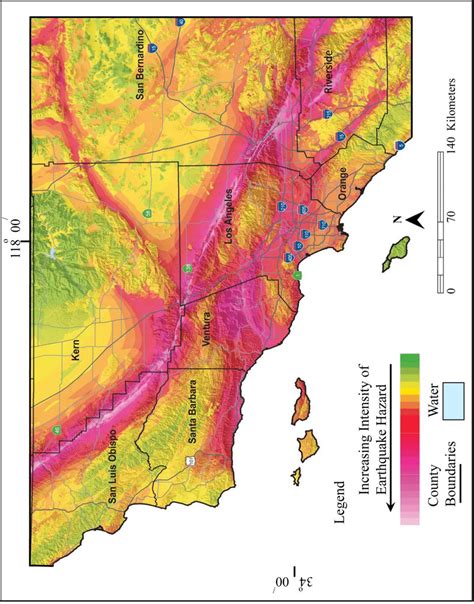 Earthquake shaking hazard map of Los Angeles and surrounding counties ...