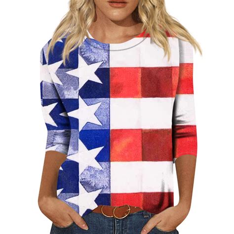 Wangxldd Star Stripes American Flag Shirt For Women 4th Of July Elbow Length Sleeve Patriotic