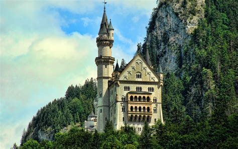 Buildings Castle Mountains Trees Forest Woods Sky Clouds Picture