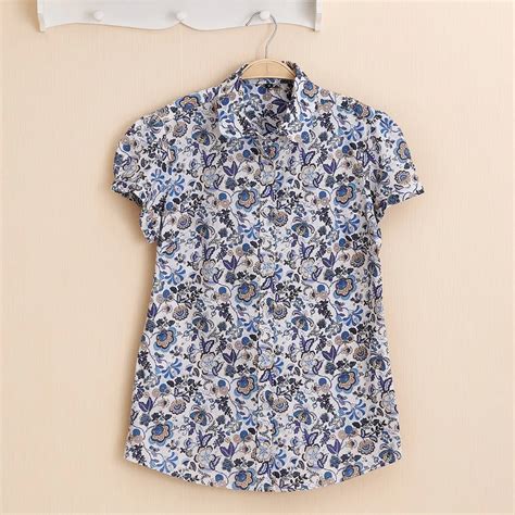 Dioufond Shirt Women Floral Short Sleeve Blouses Cotton Turn Down