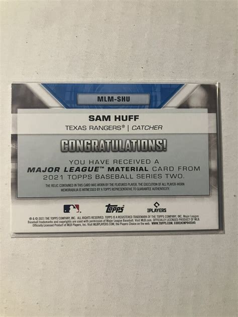 2021 Topps Series 2 Sam Huff Major League Materials GAME WORN Patch RC