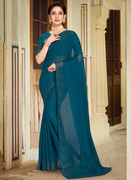 Buy Party Wear Morpeach Swarovski Work Shimmer Silk Saree Online From